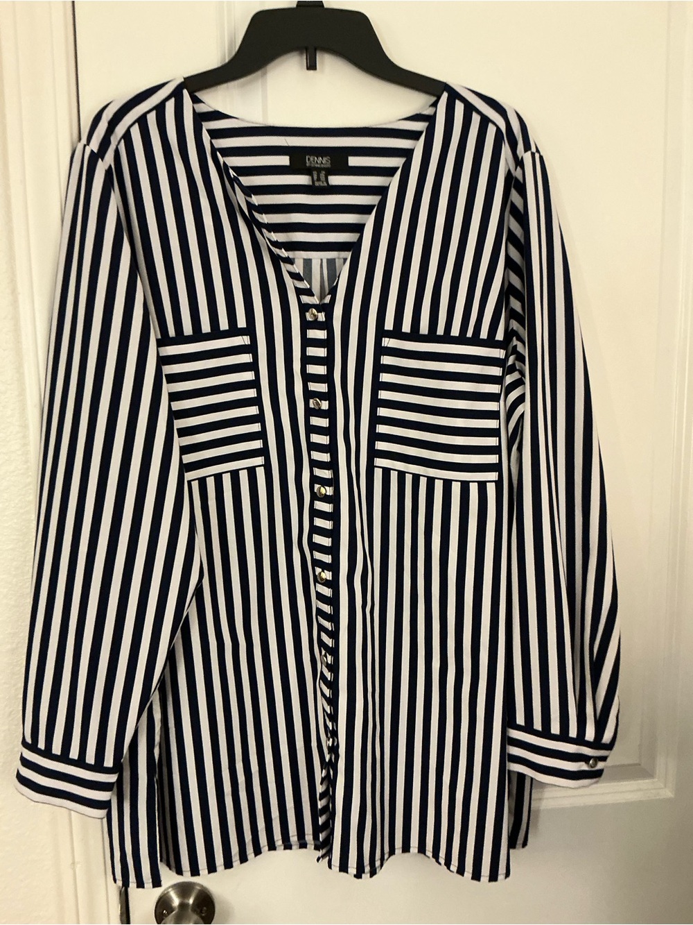 Dennis by Dennis Basso Striped Button Up Tunic Shirt Navy White Plus Size 2X